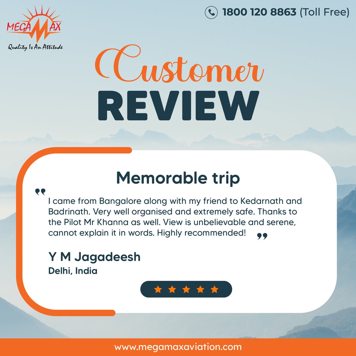We strive for constant improvement every day, driven by the valuable feedback from our customers.

megamaxaviation.com

#megamaxaviation #aviationservices #customertestimonials #chardhamyatra
