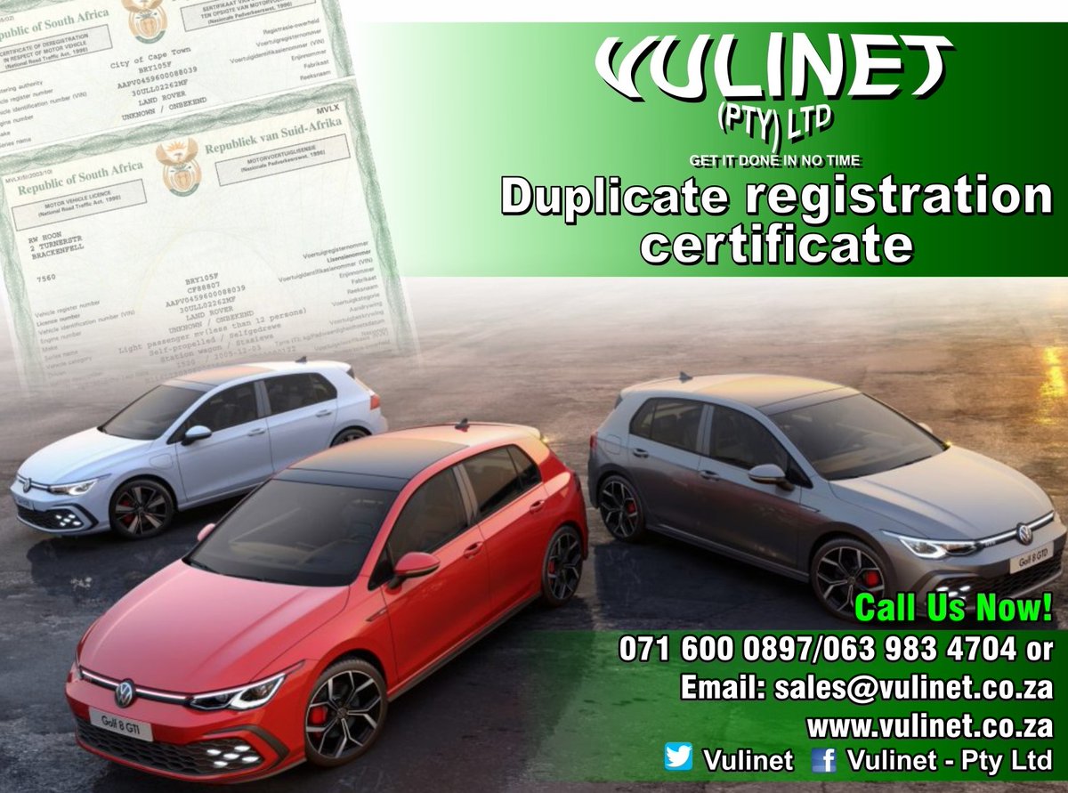 vulinet's tweet photo. VULINET (Pty) Ltd-
Lost your documents!
Need a duplicate car registration certificate?
We will stand in the queue 4 U.
Call NOW! 0716000897/063 983 4704
Visit our website: https://t.co/0W7MtoqLNR
https://t.co/z885wVP6Q6
@vulinet
#Registration #privatenumberplate #goreprinting https://t.co/EMHmOVcGST