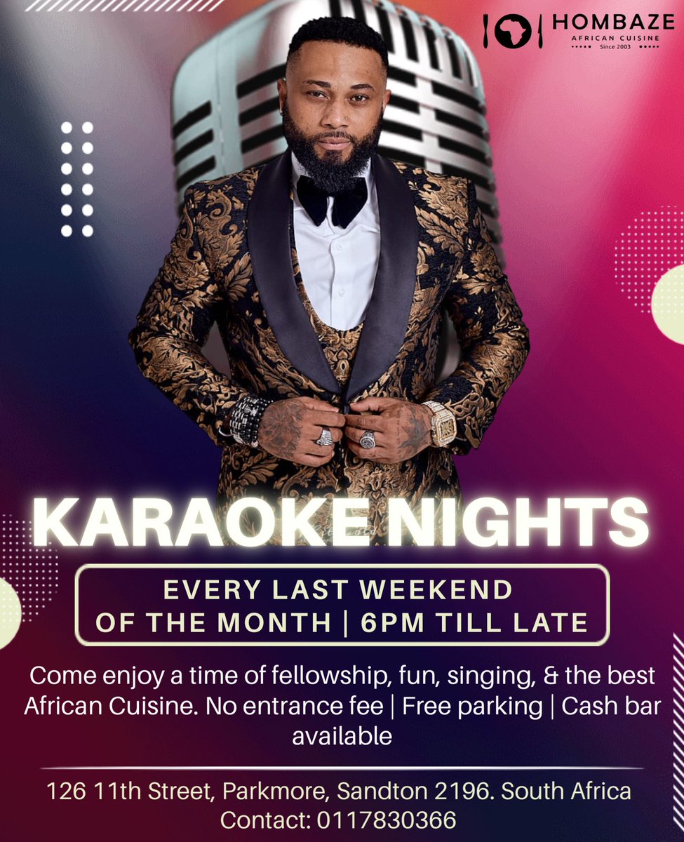 Hombaze presents Karaoke Nights every last weekends of the month (Friday, Saturday & Sunday) starting from 6pm till late. Come sing your hearts out! Let us make memories together and dine the best African Cuisine 🥳🎙️

#karaokenight #hombazeafricancuisine #goodvibes #goldenoldies