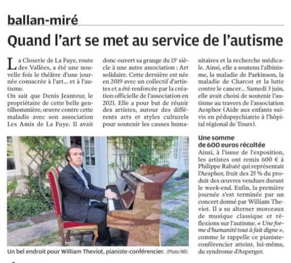 Article de presse du 12/6/2023 de la Nouvelle République sur l'action en Touraine de Denis Jeanteur et de son association Les Amis de La Fuye en faveur de l'#inclusion des #autistes, à laqelle j'ai participé avec mon #concert-#conférence (voir ma vidéo : youtube.com/watch?v=80AhZN…)