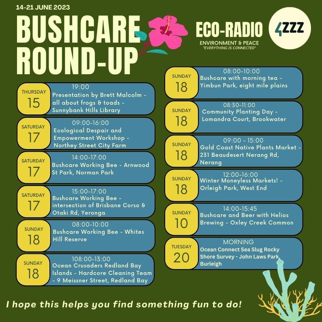 Our Bushcare Roundup for this week. Fun things to do to help repair, restore or maintain some bushland around Meanjin/Brisbane.