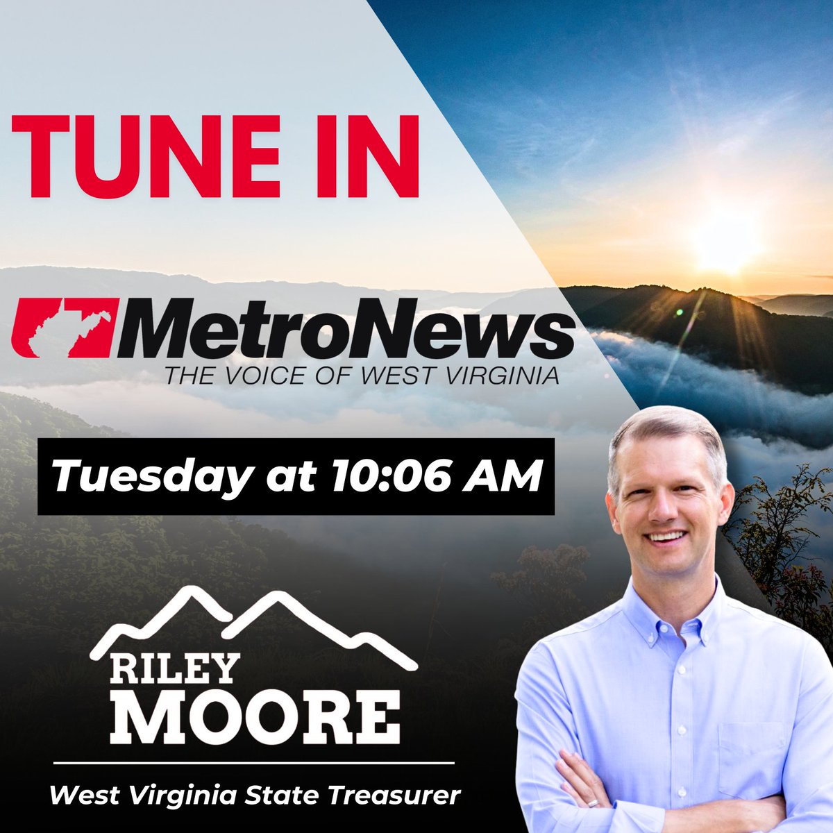 I'm excited to join @HoppyKercheval LIVE on @WVMetroNews Talkline at 10:06 AM!

I'll provide an update on my congressional campaign for #WV02 and discuss the great work we're doing at the State Treasurer's Office for the people of West Virginia.

Tune in! 🎙…