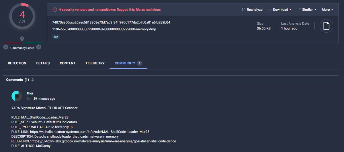 MalGamy12's tweet image. Check our rule for detecting #shellcode with low detections
valhalla.nextron-systems.com/info/rule/MAL_…