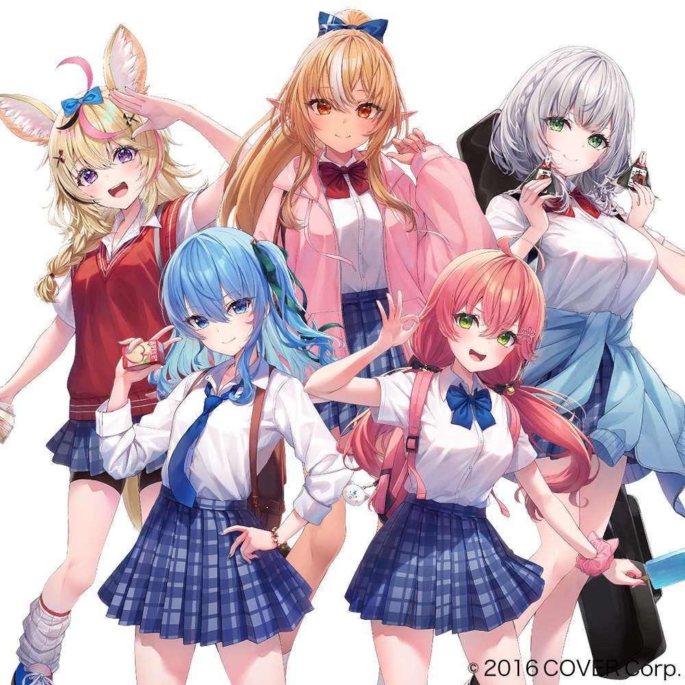 hoshimachi suisei ,omaru polka ,sakura miko ,shiranui flare ,shirogane noel multiple girls blonde hair plaid skirt pink hair skirt bow fox ears  illustration images