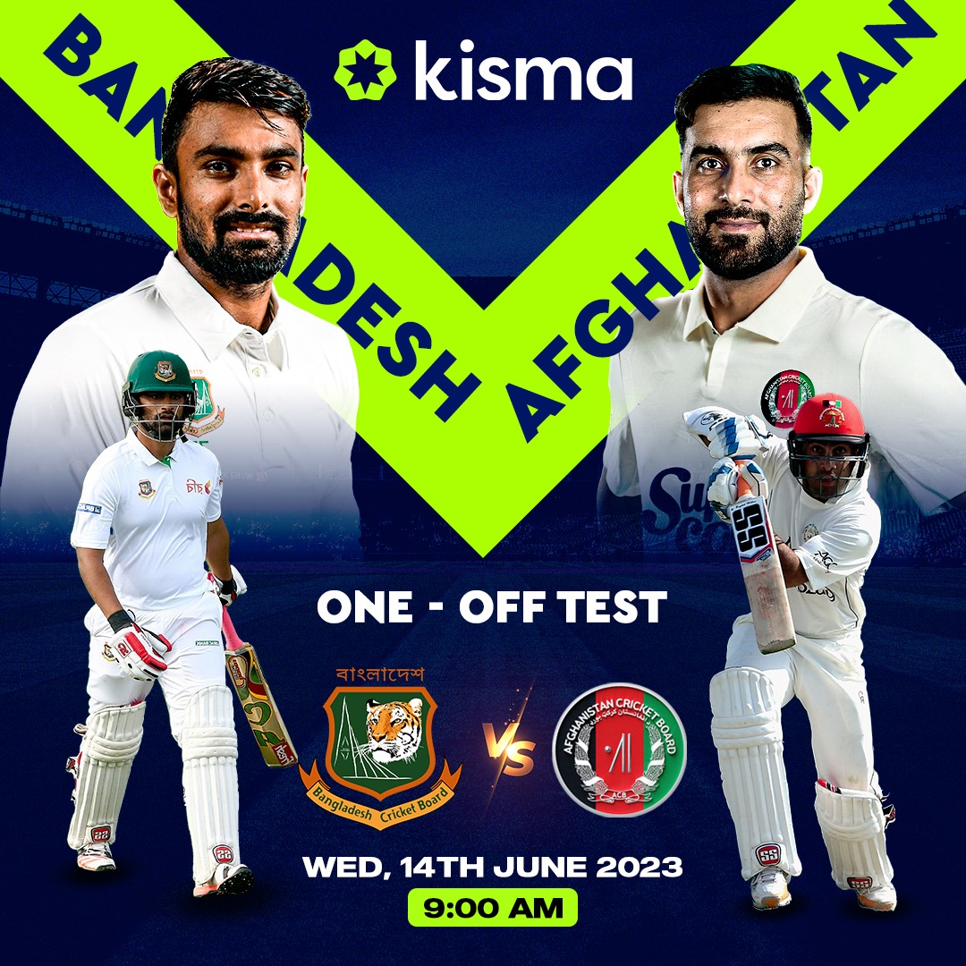 KismaGlobal's tweet photo. Warriors of the Pitch⚔️, Unite‼️Bangladesh vs Afghanistan commencing from 9:30 AM onwards on 14th June.

#kisma #kismaglobal #kismaworldwide #Afghanistan #Bangladesh #AFGvsBAN #test #cricket https://t.co/mwxBnRy40i