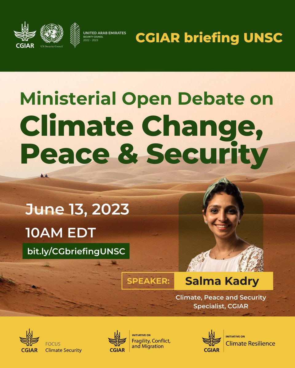 Today is a groundbreaking moment as <a href="/SalmaEmadKadry/">Salma Kadry, MA</a>, a <a href="/CGIAR/">CGIAR</a> climate, peace, and security specialist briefs the #UNSC.

Her insights will shed light on the interplay between climate change, peace &amp; security, particularly in the Arab region.
📺=bit.ly/CGbriefingUNSC
🕙=10AM EDT