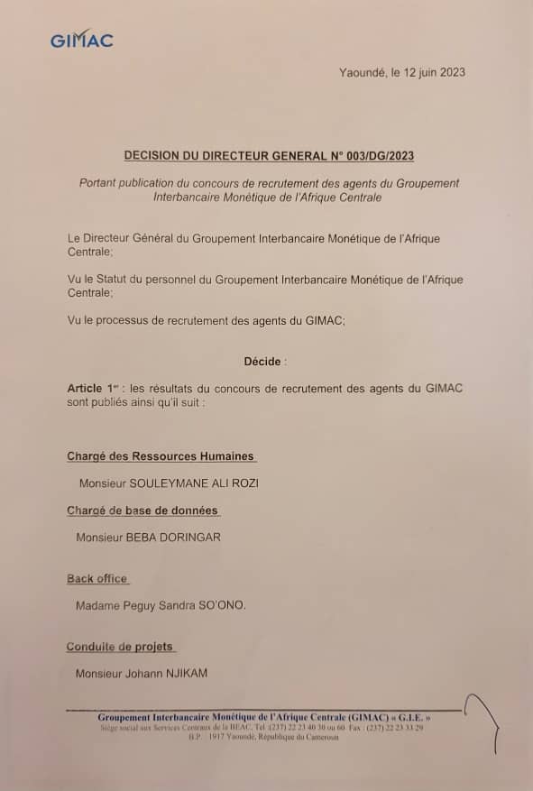 Gimac_cemac's tweet photo. Résultats définitifs du concours de recrutement des agents du GIMAC https://t.co/GRvtp0Hk2J