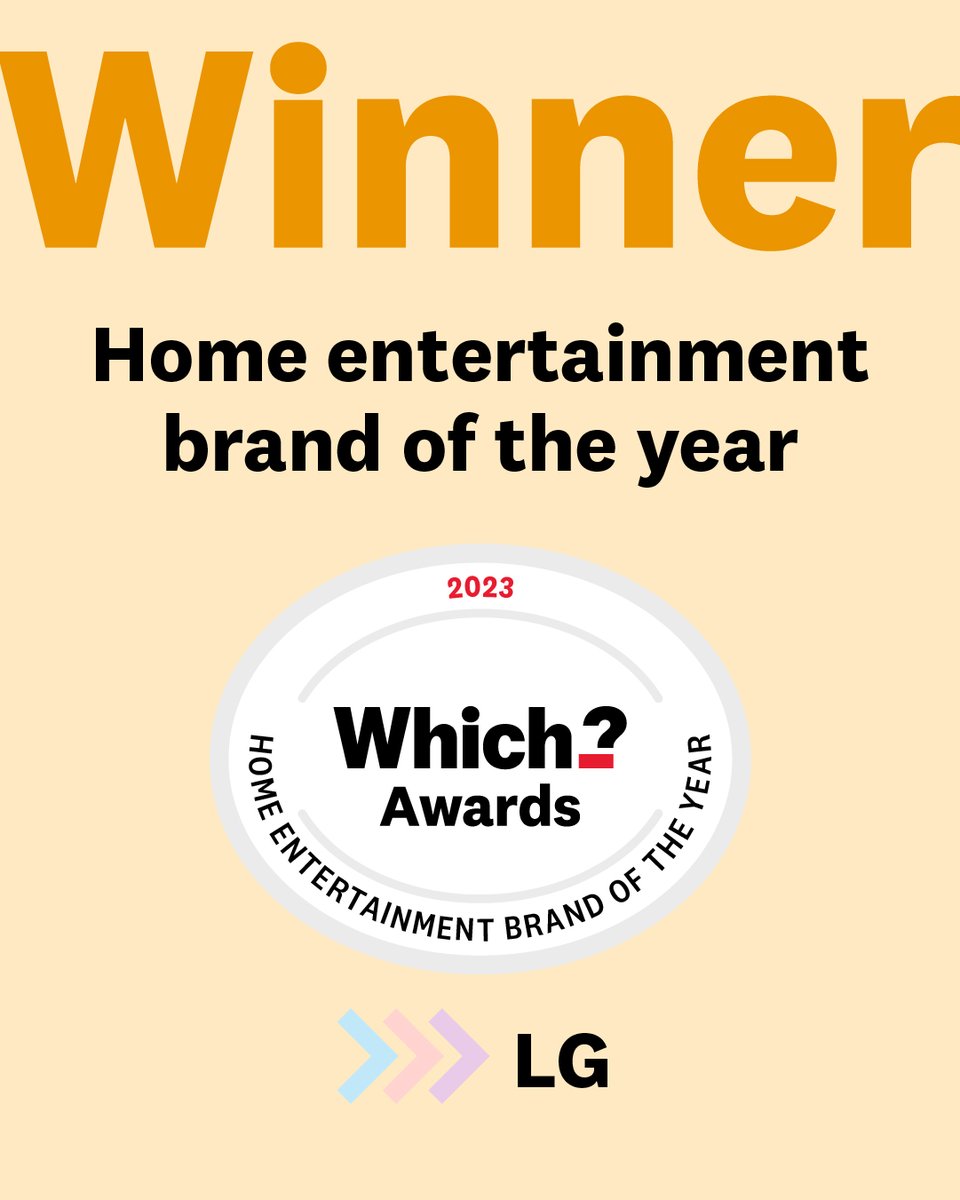 📢 The Which? Home Entertainment Brand of the Year Award goes to ...@LGUK 🏆  

Coming out on top for the fourth year running. We've awarded LG our best on test TV plus highest number of Best Buys for both TVs and soundbars in the judging period. 

#WhichAwards2023