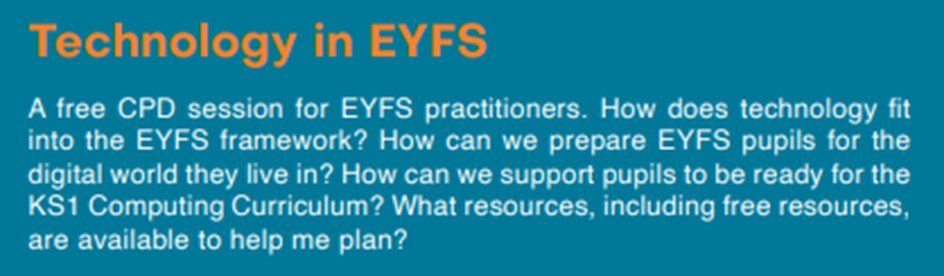 *FREE* EYFS Workshop! 💻🙌

Friday 28 June 2023 @ 10:30 - 11:30
Remote (Teams) delivery
Matt Mustafic (<a href="/DigitalPrimaryT/">DigitalPrimaryTeacher</a> ) facilitating!

Click to book your place 👉stem.org.uk/cpd/514203/tec…

#cpd #teachcomputing #stemlearning #education #Somerset #Computing