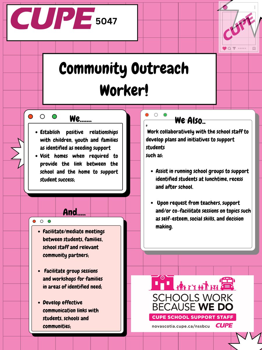 Let's learn more about the different classifications in CUPE 5047: SchoolsPlus Community Outreach Worker!

#cupe5047
#cupe5047strike
#cupe5047solidarity
#hrce
#hrcestrike
#fairdealnow
#fairwages
#houstonwehaveaproblem
#inclusionmatters