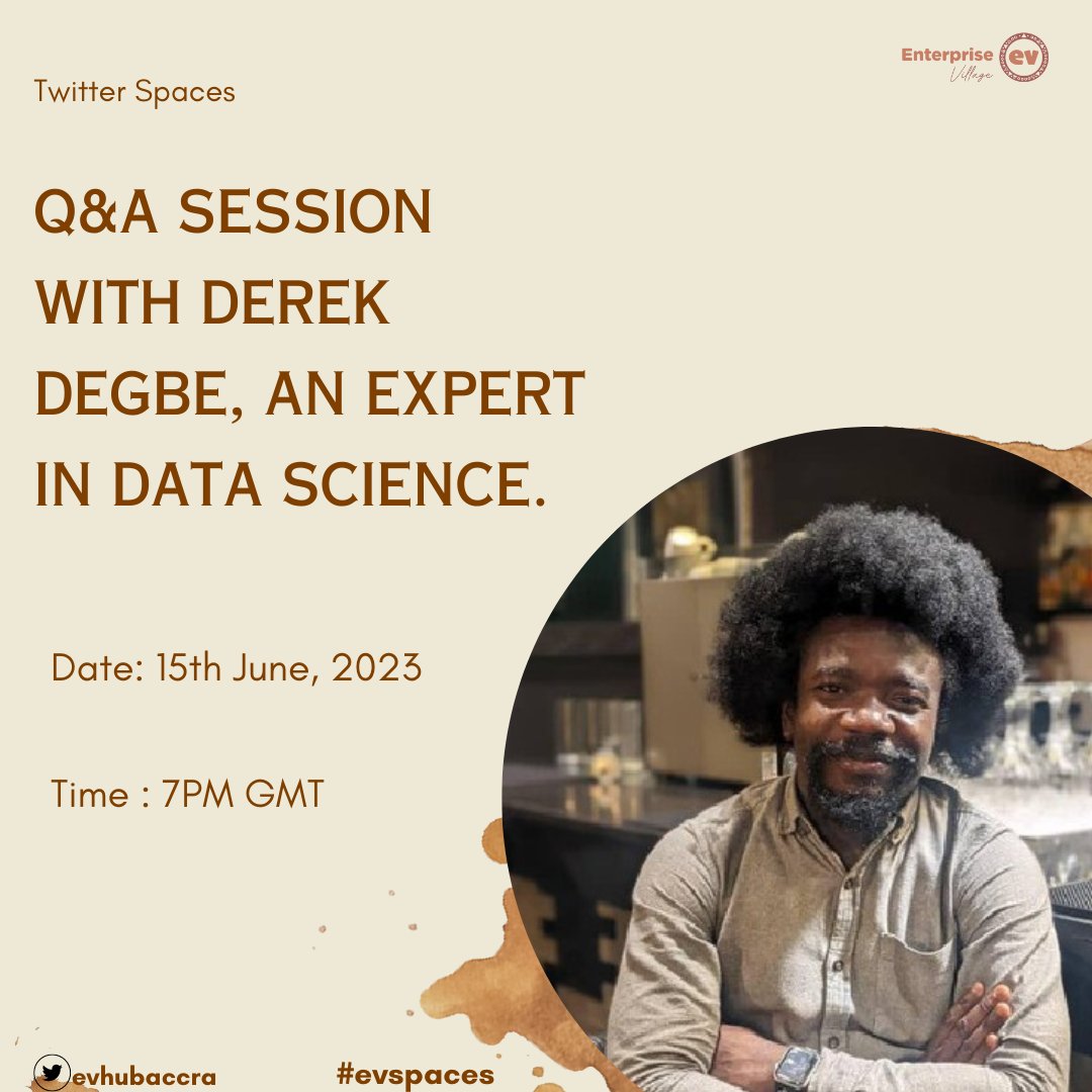 Join us for a Q&A session with @jrdegbe on Thursday, June 15th at 7PM GMT where we will be asking him questions about data science. Set your reminder here: twitter.com/i/spaces/1jMJg…. #datascientist #QandA #evhubaccra #datascience #careerchoices