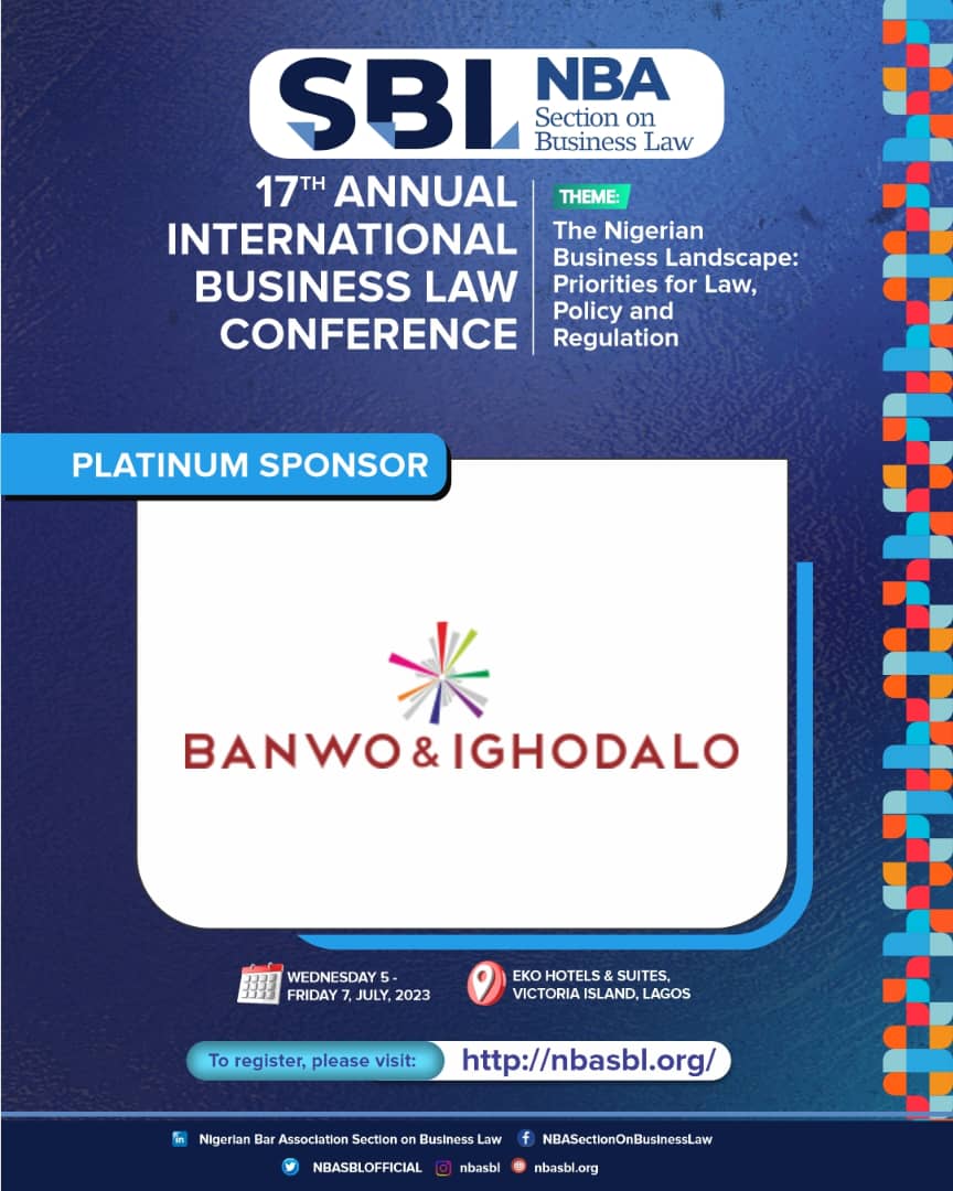 SPONSORS APPRECIATIqON!🏅

To our esteemed Platinum Sponsor of the 17th Annual Int'l #BusinessLaw Conference, @BanwoIghodalo, we say a thank you for always sticking by our side all through the years.

Your support is highly appreciated.🙏🏽

#NBASBL2023 #NBASBL #SBLConference2023