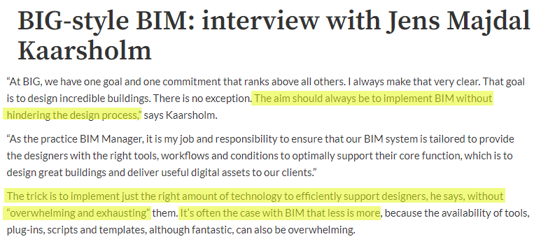 nicocatellier's tweet photo. Still frequently thinking about this piece about BIG's philosophy to BIM, with @JKaarsholm. 

"It's often the case with BIM that less is more". https://t.co/lBTPqACAX0