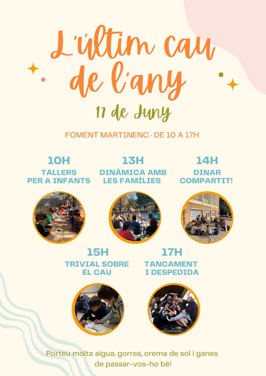 Aquest dissabte 17 és la festa de final de curs del cau🌸 (al carrer provença, davant el foment) i evidentment esteu totes convidadissimes!🤩 Aqui teniu el cartell amb el programa de la jornada, US HI ESPEREM!!! 💚💛