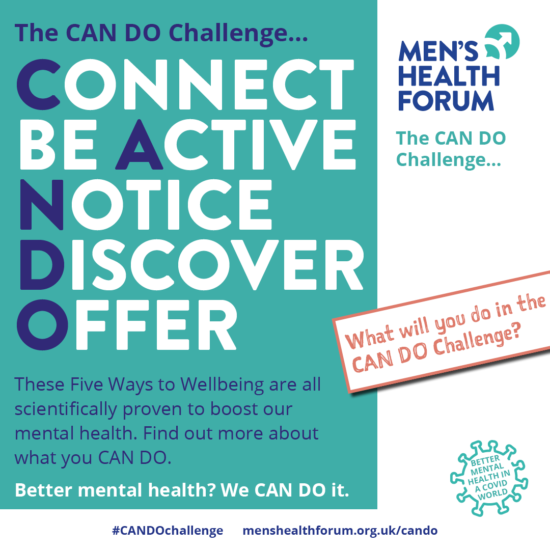This week marks #MensHealthWeek and this year's focus is the internet, and how it can affect our health. 

The @MensHealthForum has created the #CANDOchallenge, providing us with 5 ways to wellbeing to try. 

For more information, visit menshealthforum.org.uk/five-ways-well…