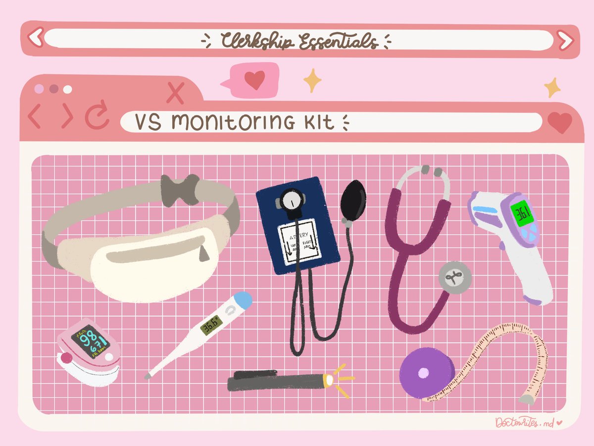 doctowrites_md's tweet image. ✨CLERKSHIP ESSENTIALS✨

This will be a mini series about must-haves and tips for incoming clerks 🩺

DAY 1: VS MONITORING KIT 🩺