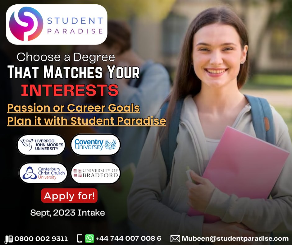 Unlock your potential with a Bachelor's or Master's degree of your passion in the UK! Let Student Paradise guide you in choosing the perfect degree that aligns with your interests and goals.
#StudyAbroad #UKUniversities #StudentParadise #HigherEducation https://t.co/ZBNKCdAIqM