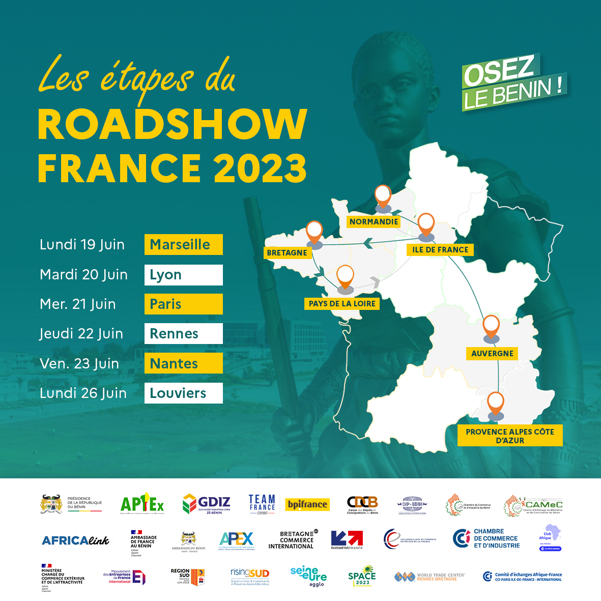 Dans le cadre du "Osez le Bénin ! Roadshow France 2023" du 19 au 27 juin, explorez les perspectives économiques du Bénin et découvrez pourquoi c'est la destination idéale pour les investisseurs ! #OsezLeBénin2023 #Investissement #Opportunités
