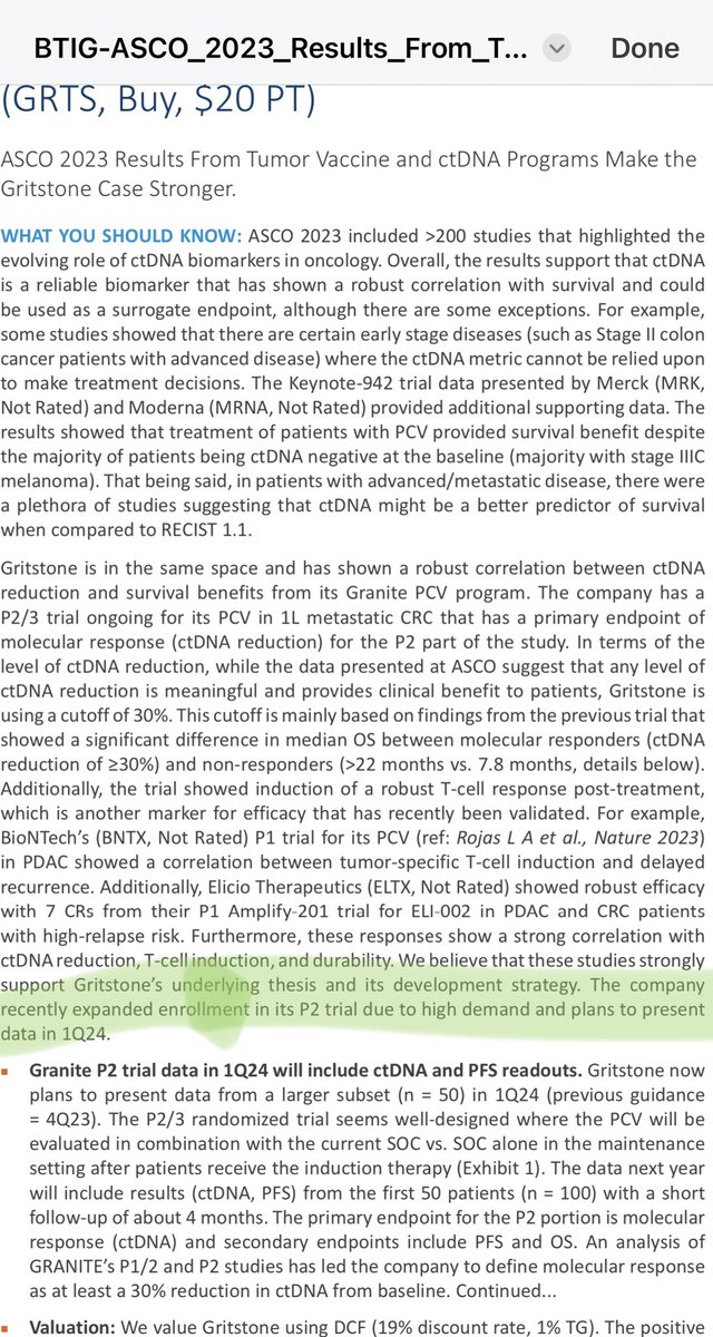 $GRTS @gritstonebio Granite MSS-CRC expanded due to high demand per BTIG. 🧐 overwhelming evidence and support for ctDNA as an end point for trial. PT $20 $BNTX $MRNA $MRK