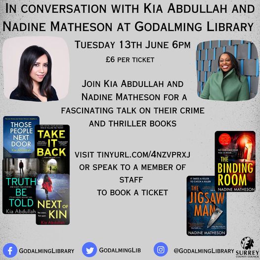 No plans for tonight yet? Why not join us this evening for a fun and fascinating discussion with writers @KiaAbdullah and @nadinematheson. 
🎟️Book your tickets here before it's too late! - tinyurl.com/4nzvprxj
#godalming #authortalk @SurreyLibraries
