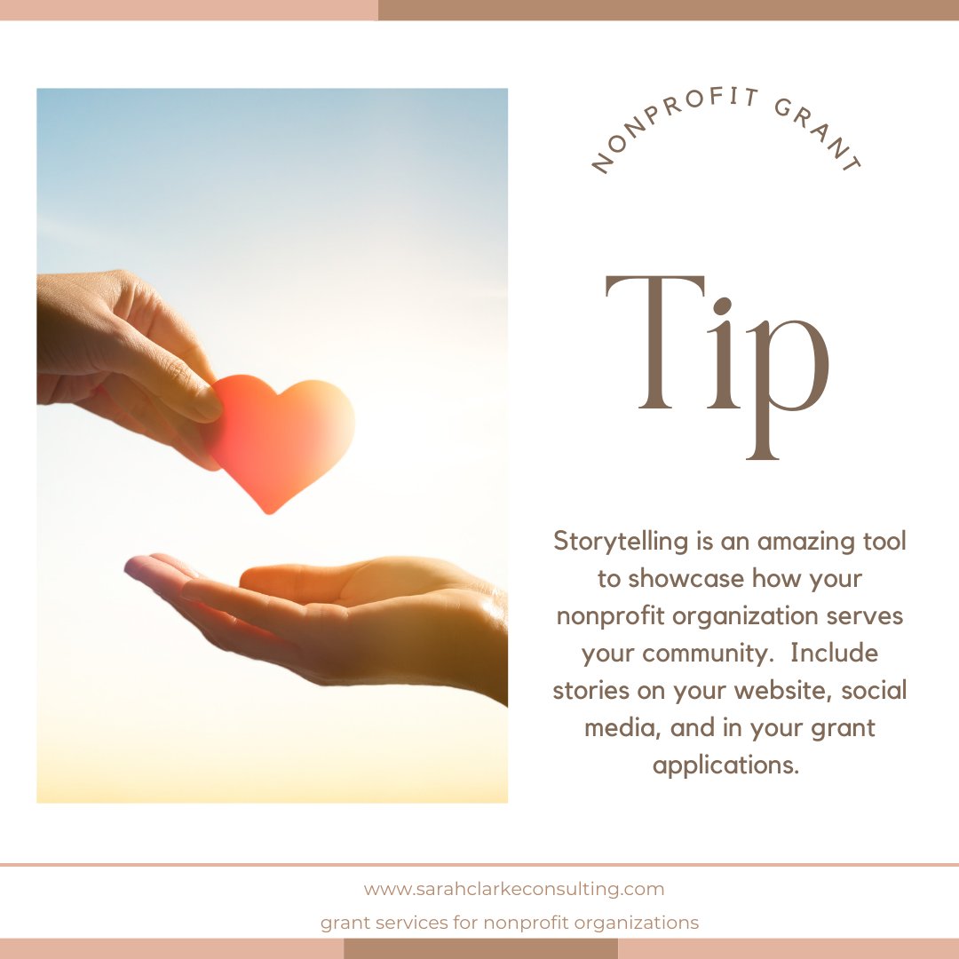 Storytelling is an amazing tool to showcase how your nonprofit organization serves your community. Include stories on your website, social media, and in your grant applications. 
#TipTuesday #GrantTips #Nonprofit #Nonprofits #GrantWriter #Grants #Funding #Charities