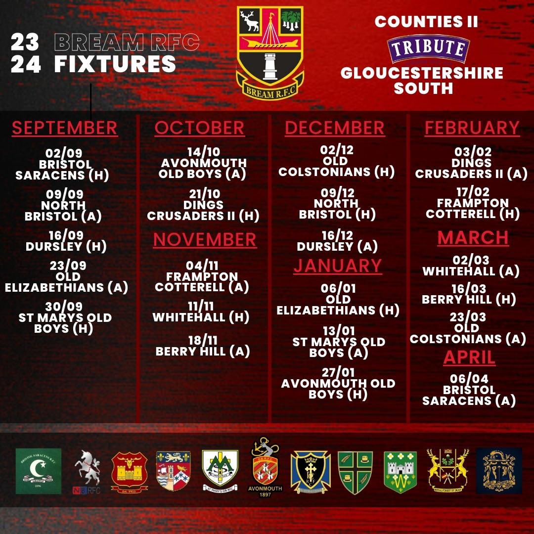 🚨 Bream RFC Counties 2 Tribute Gloucestershire South Fixtures for the 2023/2024 season.

🏉 North Bristol and Old Colstonians come up from Counties 3 and Avonmouth Old Boys join us from Counties 1.