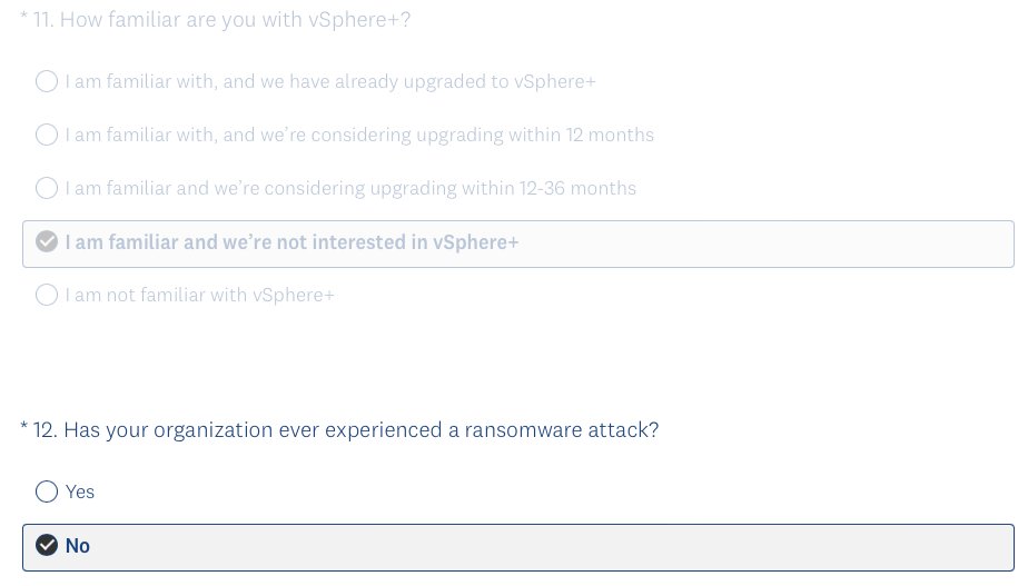 walthar's tweet photo. What an interesting grouping of questions in this @MyVMUG survey. https://t.co/VLtMG0c8qr