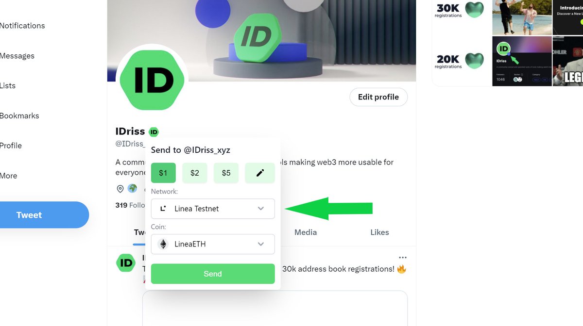 Try out sending transactions on <a href="/LineaBuild/">Linea.eth</a> Testnet directly on Twitter with the IDriss browser extension, available for download at chrome.google.com/webstore/detai… 👈