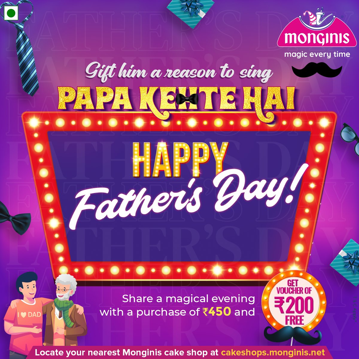 MonginisIndia's tweet photo. Looking for the perfect way to celebrate Father's Day? Look no further than Monginis cake shop! Explore our delightful range of Father's Day special cakes. Shop for products worth Rs 450 and you will get a gift voucher of Rs 200 free. T&amp;C Apply. https://t.co/j3hfafBBI3