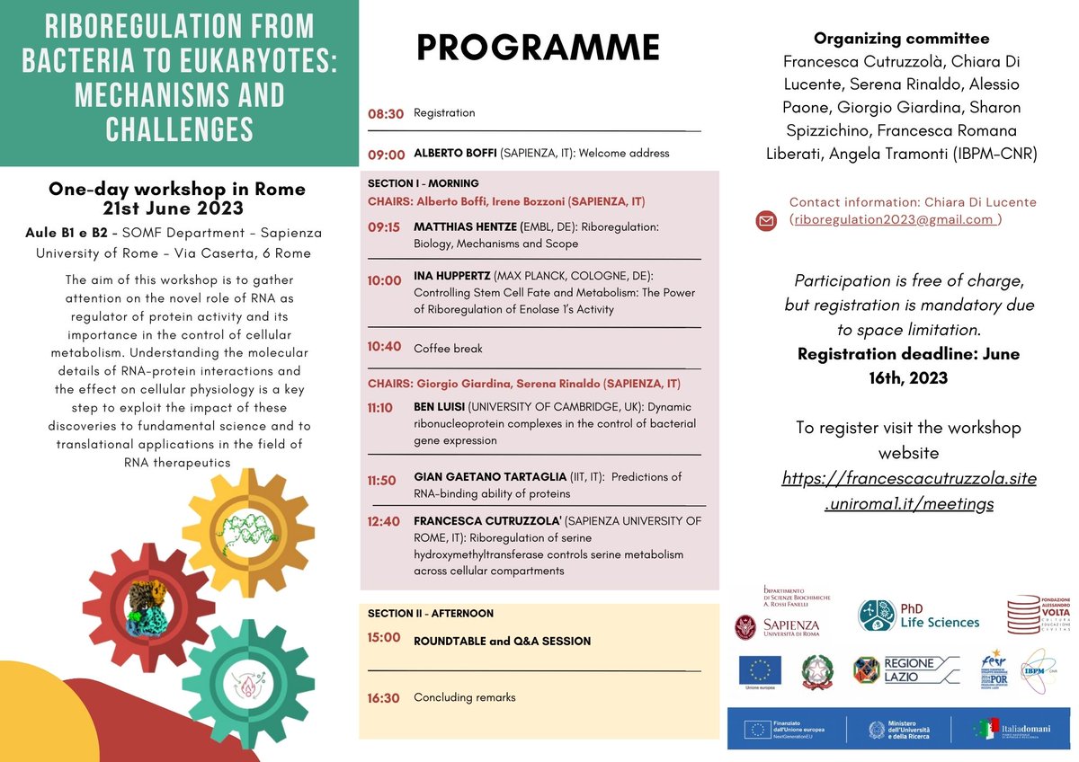 This is the last week to register for the one-day workshop on #Riboregulation from bacteria to eukaryotes at #Sapienza University of Rome (Italy) on June 21st, 2023. Don't miss this incredible opportunity! Participation is free, but registration is required. Sign up now!