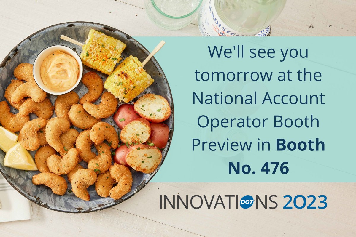 Hi from STL! 👋 Our team is setting up for this week's #DotInnovations2023. Here's where you can taste our FABI-award winning Bakeable Cajun Breaded New Wave Shrimp®...

→ Wednesday's National Account Operator Booth Preview 
→ Thursday's Trade Show

...both in Booth No. 476. 📢