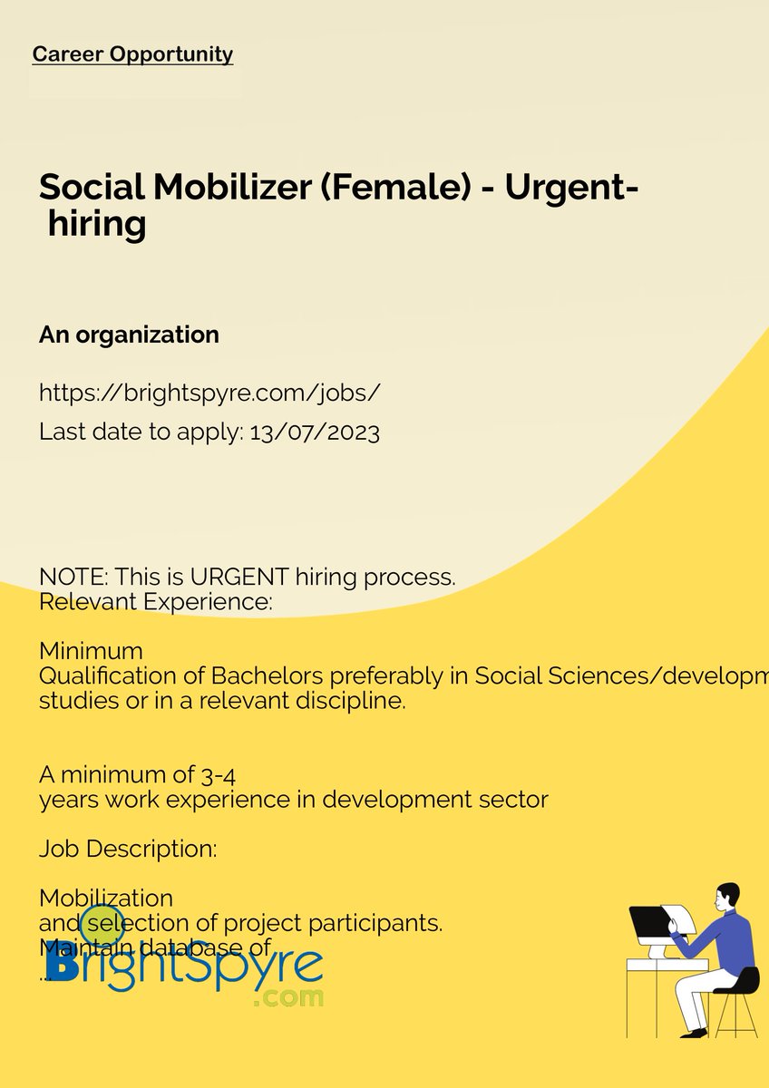 BrightSpyre's tweet photo. An organization is Looking for Social Mobilizer (Female) - Urgent hiring... Apply now: https://t.co/MHQevDSDyl  
#BrightSpyre #Job #Social #Mobiliz https://t.co/anKUSejkI6