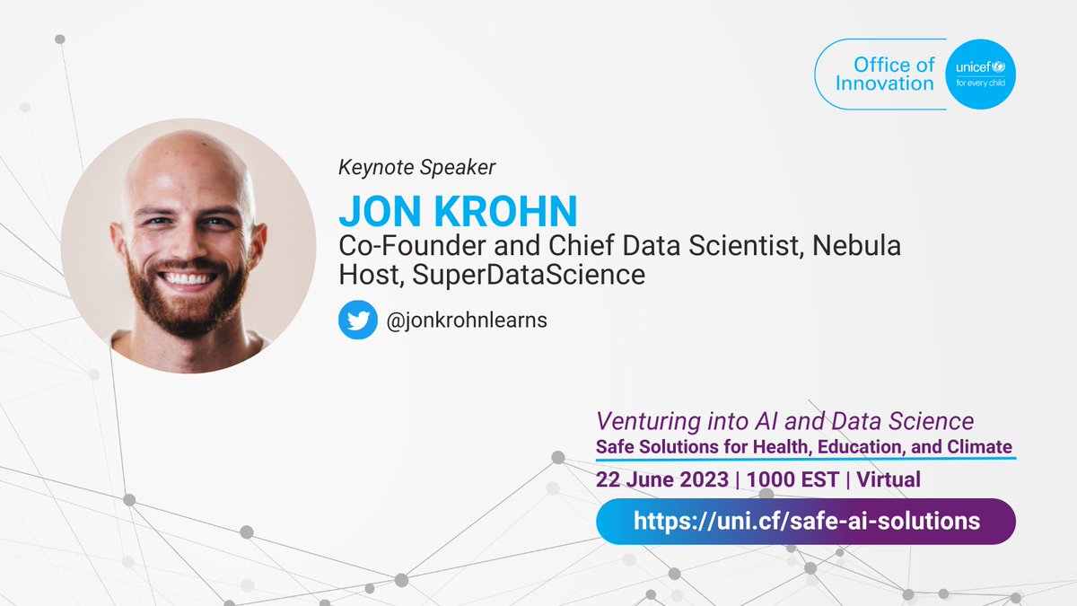 UNICEFinnovate's tweet image. Join #SuperDataScience host and Nebula Co-Founder @jonkrohnlearns for insights into applications of #AI #datascience on climate and health – and how its staggering growth can universally improve society.

🗓Register here: uni.cf/safe-ai-soluti…

#TechForGood #startups