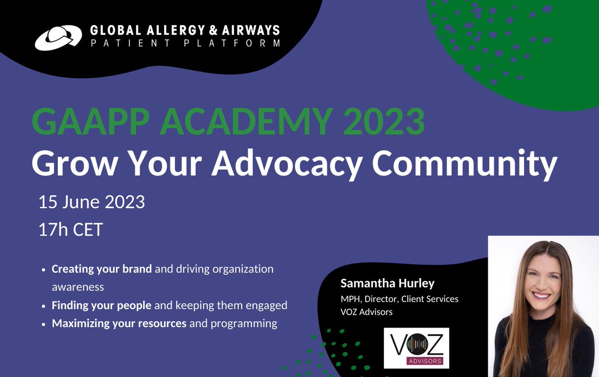 The GAAPP Academy is hosting a session on 'Growing your advocacy community' on 15 June at 17h CET. 

Samantha Hurley, MPH, Director of Client Services at @vozadvisors will lead the session

Register link: ow.ly/r1RE50OGsr5 #AdvocacyCommunity #GAAPPAcademy #LearningTogether
