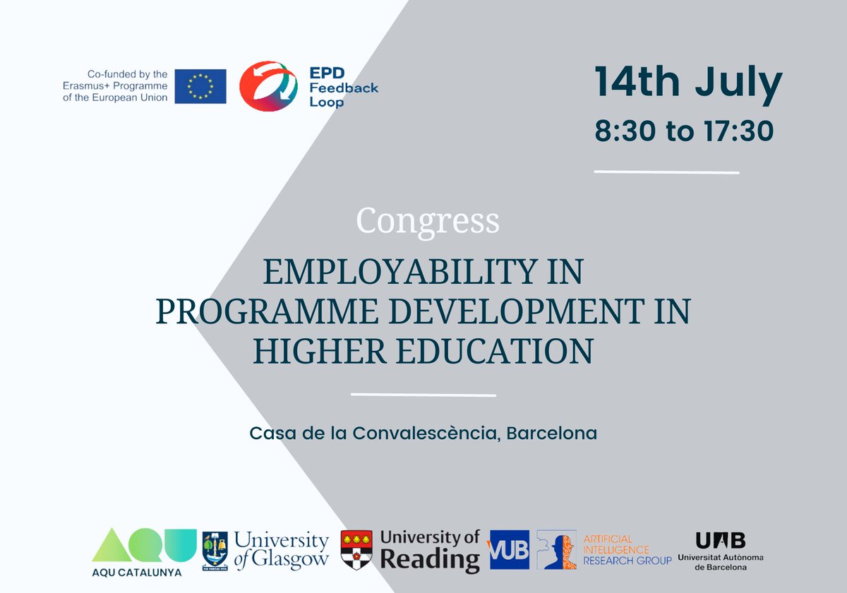 aqucatalunya's tweet image. Oberta la inscripció al congrés Employability in Programme Development, una oportunitat per aprendre a reorientar els programes formatius per millorar l’ocupabilitat dels graduats/des  

Amb @drlisataylor i @pigironjoe 

+ informació 👉 aqu.cat/Coneix-AQU/Que…