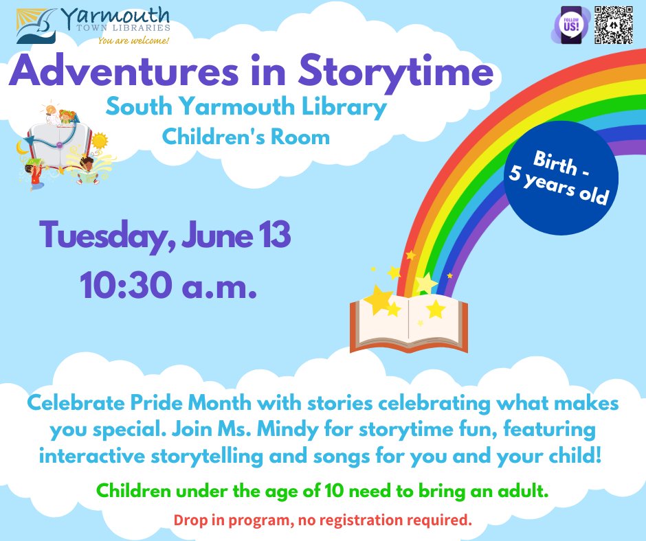 Join us at the South Yarmouth Library today at 10:30 for Adventures in Storytime with Ms. Mindy!