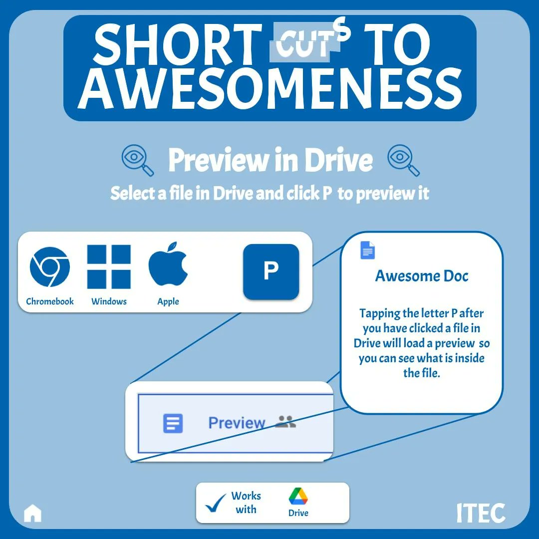 Wish you could see a quick preview of a Google Drive file without having to open it? This shortcut is for you!

👇 Find more shortcuts
🔗 buff.ly/3j86yPa 

#itecia#iaedchat #edtechchat