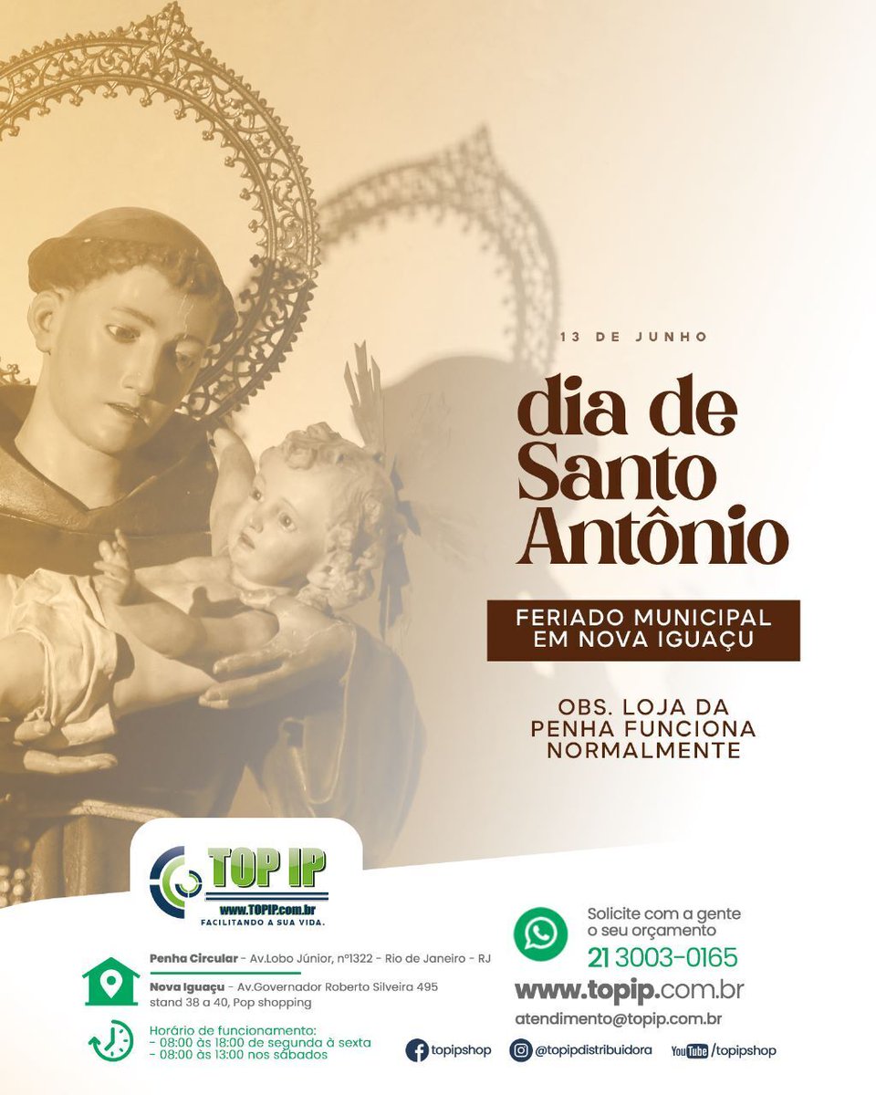 topipdistribuid's tweet photo. Hoje celebramos o dia de Santo Antônio em Nova Iguaçu! 🎉

Dia de festa e gratidão pelo padroeiro dessa querida cidade! Enquanto a loja em Nova Iguaçu aproveita o merecido descanso, nossa unidade na Penha está pronta para atender você! 💪🏼

Aproveite o feriado com segurança! 💚 https://t.co/inAvPPl0x7