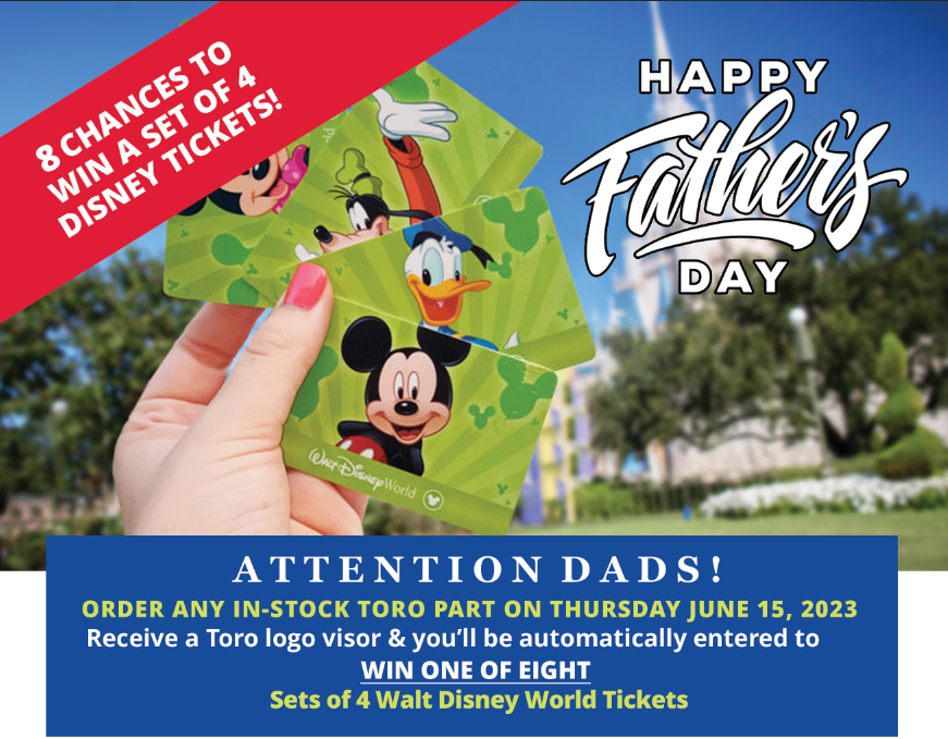 wescoturf's tweet photo. THIS THURSDAY! Dads, order ANY IN-STOCK TORO PART on THU, JUNE 15TH - Receive a Toro visor and you'll be automatically entered to WIN a set of 4 Walt Disney World Tickets. 8 CHANCES TO WIN! One visor and entry per customer. Export customers not included. https://t.co/a2vq9G9TbX https://t.co/uQYR9zYLId