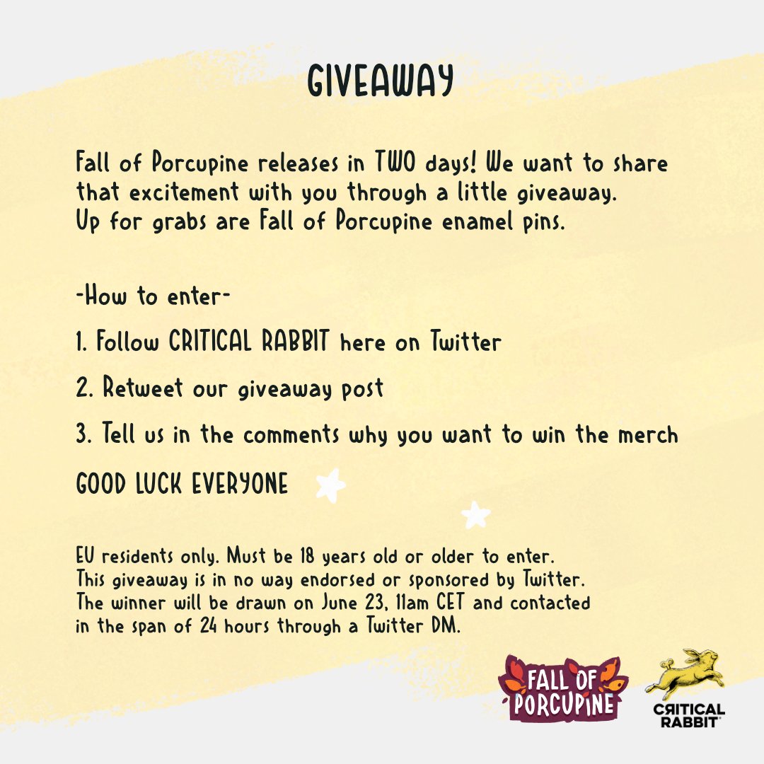 ✨GIVEAWAY ✨
Fall of Porcupine releases in TWO days! We want to share that excitement with you through a little giveaway. Up for grabs are Fall of Porcupine enamel pins.
For instructions on how to enter and rules please look at the image below.
Good luck 🧡
#Fallofporcupine