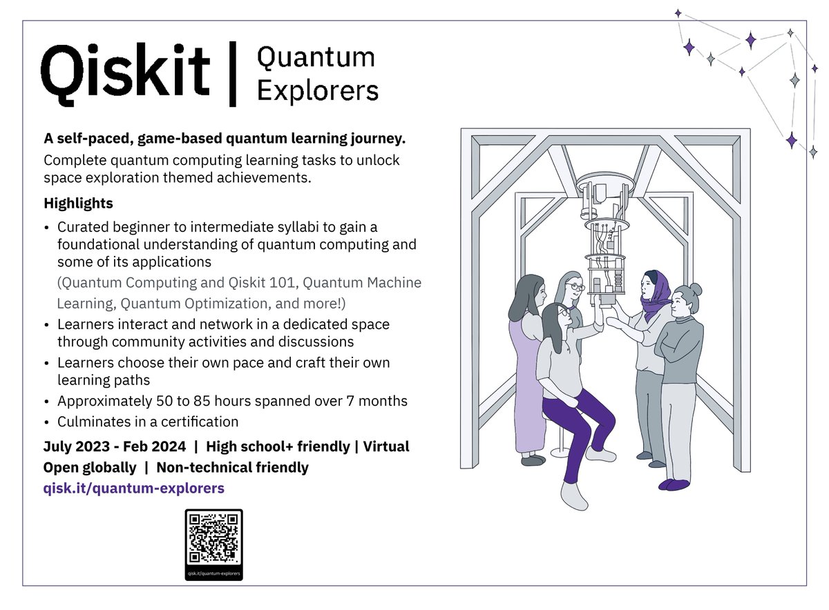 qiskit's tweet photo. Registration is now OPEN for Quantum Explorers, our self-paced, game-based, space exploration themed learning program!
Join us on this interstellar journey to learn quantum computing. 🚀https://t.co/dPSEzf1iiy https://t.co/HCtzLaZSMM