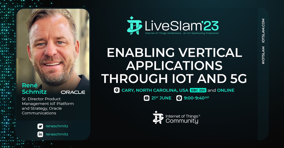 Curious about enabling vertical applications with #IoT and #5G? Be sure to check out this session led by Oracle's René Schmitz at @IoTslam: social.ora.cl/6019OFqK9