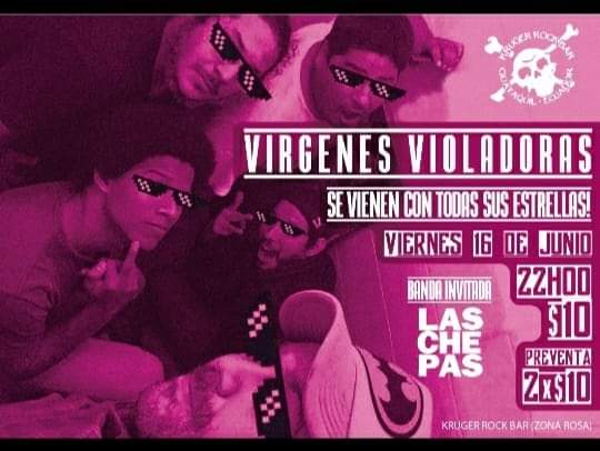 MiletoEc's tweet photo. Este 16/06 @krugerockbar #GYE @VirgenViolador con todas su estrellas en VIVO!!
Banda invitada #LasChepas https://t.co/VahNjCleQT