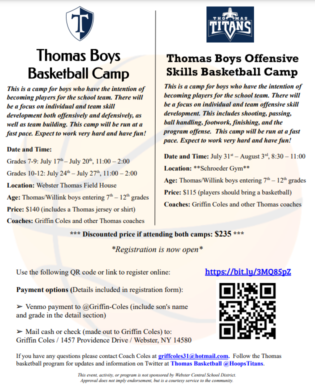 Thomas Basketball (@hoopstitans) on Twitter photo 🏀A friendly reminder to sign up for the Willink / Thomas Titans Boys Basketball Summer Camp <a href="/WCSDProud/">One Webster</a> <a href="/ThomasTitans/">Webster Thomas HS</a> <a href="/ThomasAthletics/">Thomas Athletics</a> ‼️ 🏀A friendly reminder to sign up for the Willink / Thomas Titans Boys Basketball Summer Camp <a href="/WCSDProud/">One Webster</a> <a href="/ThomasTitans/">Webster Thomas HS</a> <a href="/ThomasAthletics/">Thomas Athletics</a> ‼️