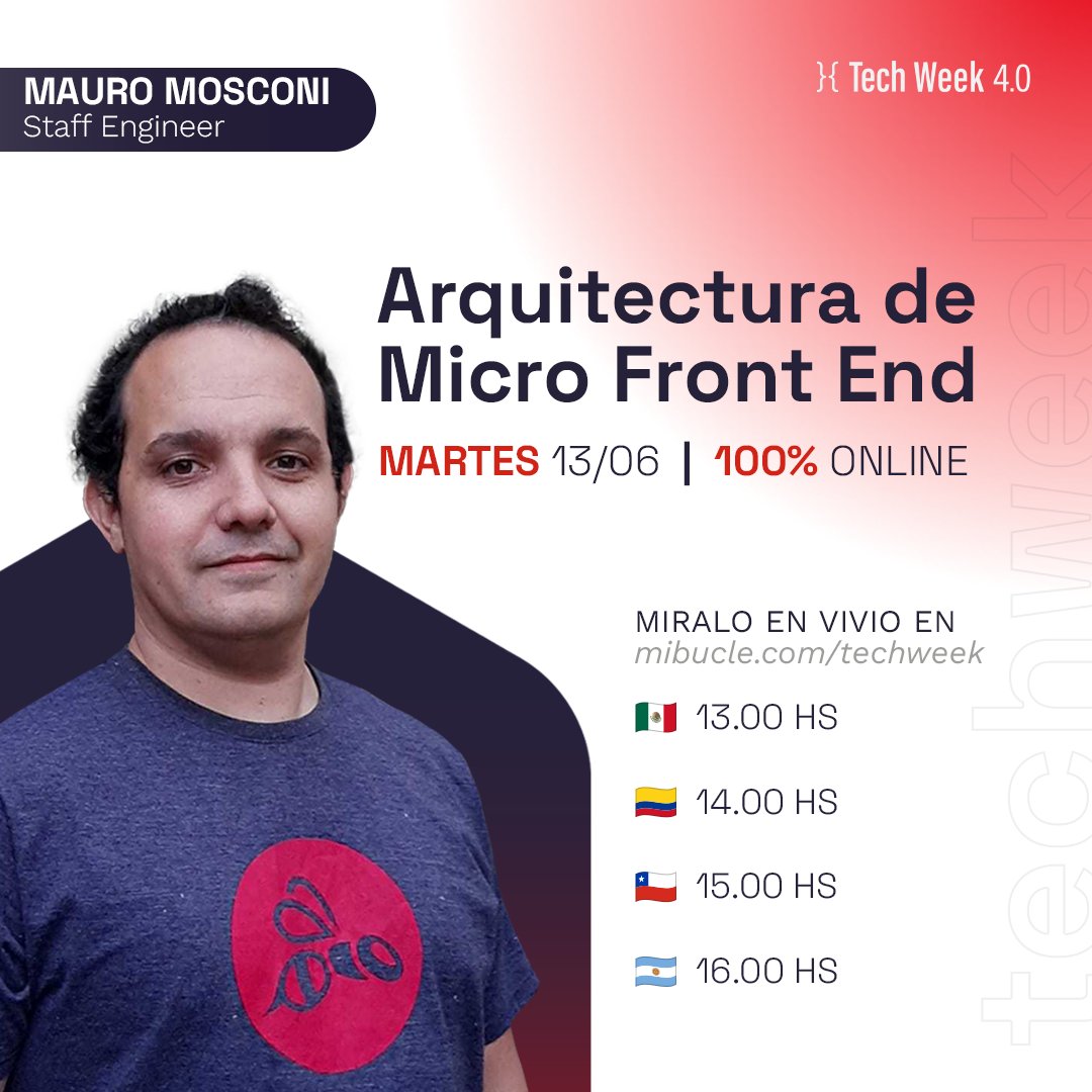 buenos dias red, paso a comentarles que hoy voy a estar dando una charla de arquitectura de micro frontend en la tech week 4.0 los espero
mibucle.com/techweek
@redbeestudios #microfrontends #techweek