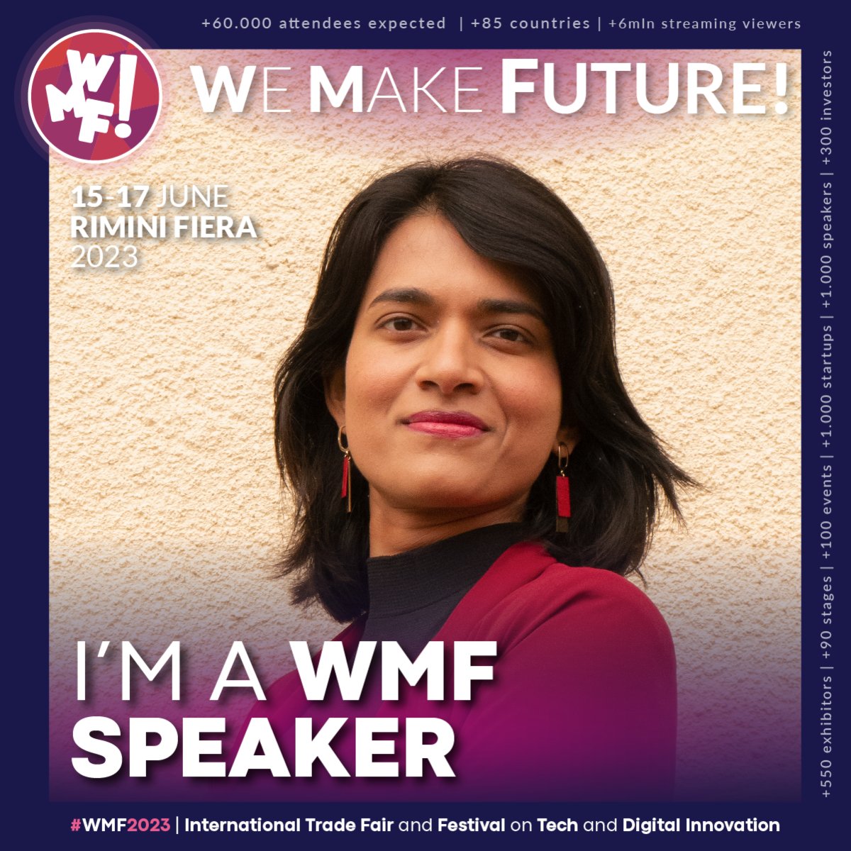 Our CEO @shalini_kr will be a speaker at @WMFWeMakeFuture! She will talk about the beneficial role of synthetic data for responsible innovation. If you'll be there, mark your calendars: 📅 15 June 2023 ⏰ 4.20pm 🌍 AI Marketing & Plenary stage, Rimini Fiera