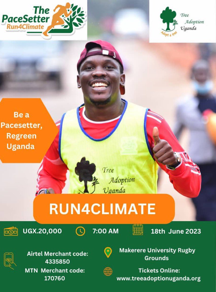 @TreeAdoptionUg celebrates a decade in restoration of eco system this Sunday 18th June .

be part of this #Run4Climate by getting your ticket for Ugx.20,000 via treeadoptionuganda.org that comes with a running kit♥️