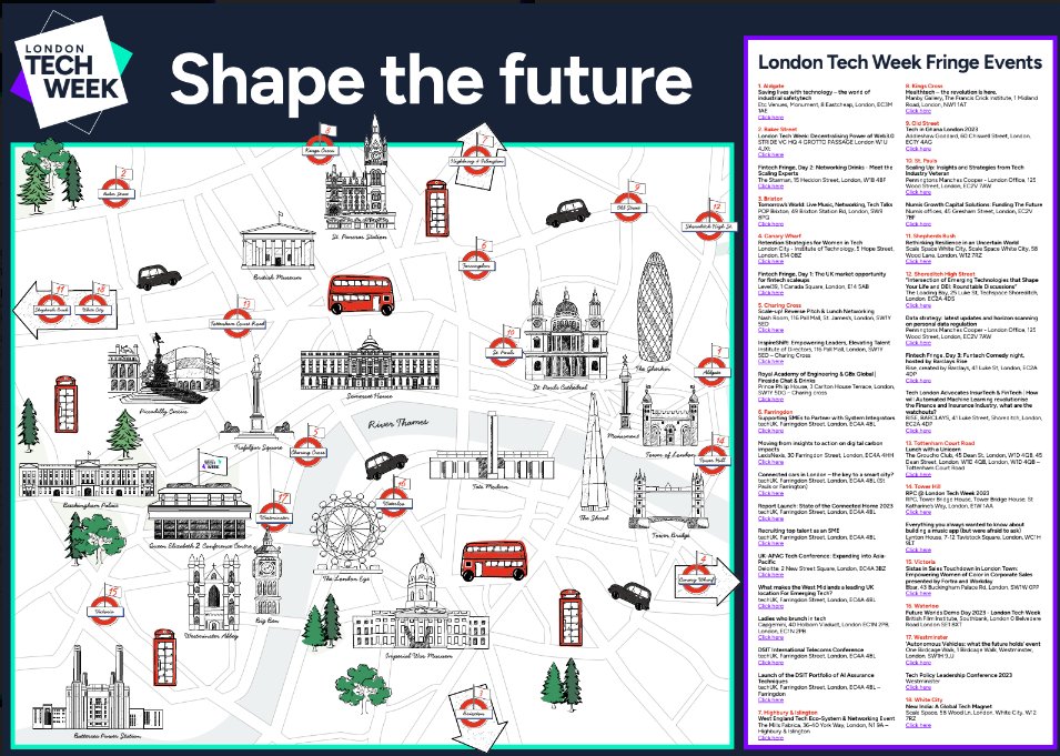 We are excited to share with you the official London Tech Week fringe event map 🥳 🗺️ 

Discover & register for the fringe events taking place across London this week here londontechweek.com/fringe-events/ 😍 

#LTW #LTW2023 #FringeEvent #FringeEvents #LondonTechWeek #TechEvent #Tech