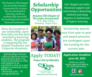 The Houston (TX) Chapter of The Links, Incorporated 2023 scholarship applications are currently available! The online application bit.ly/3WzUJkL must be completed by 6/30/2023. The application is also located on the chapter scholarship website, houstonlinks.org/scholarship/