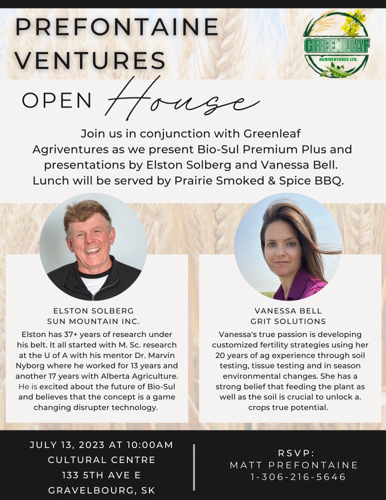 We have some exciting news to share. We’re starting a new business venture! We’ll be selling Bio-Sul Premium Plus, an elemental sulfur product, and offering spreading services starting this fall. Grower meeting on the 13th of July with some great speakers. Please share and RT.